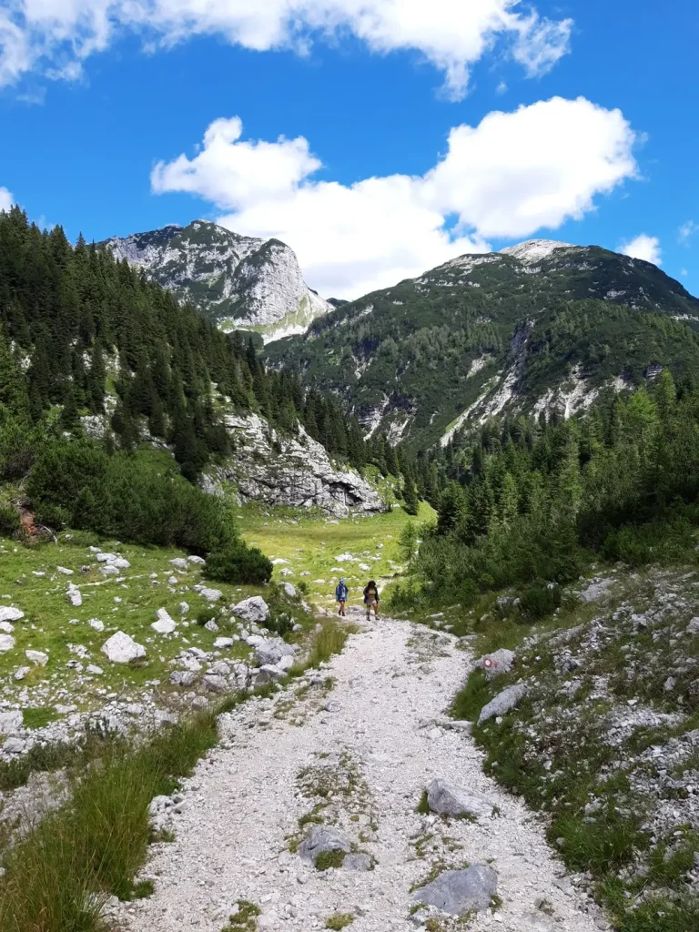 Blick auf den Krsnko Jezero im Triglav-Nationalpark, mit Bergen und klarem Wasser