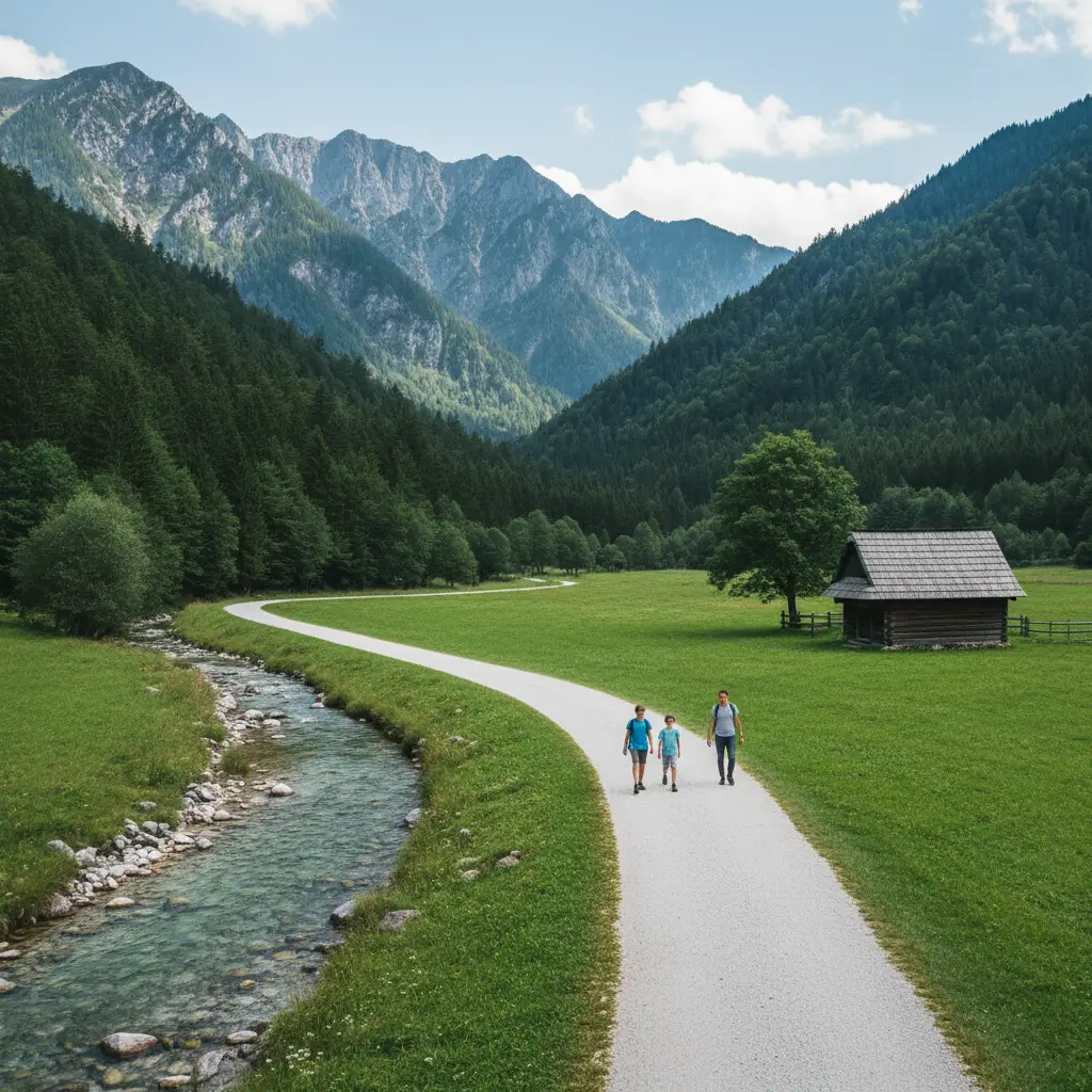Panoramic view of Logarska Dolina valley in the Slovenian Alps, with forests, waterfalls, and meadows