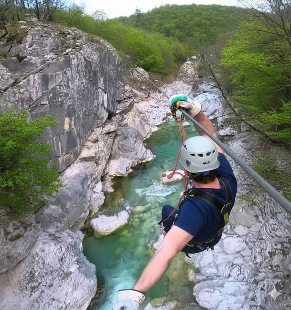 Zipline above the Učja canyon in Bovec, Slovenia