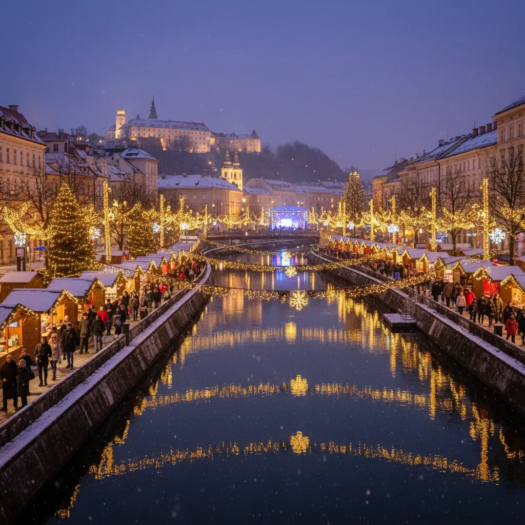 Weihnachtsbeleuchtung und Markt in Ljubljana, Slowenien